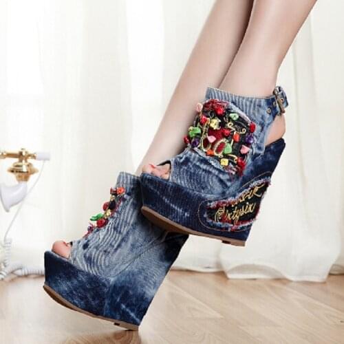 Summer Fashion Women Denim Embroider Peep Toe Super High Heels Platform Sandals Ladies Flowers Open Toe Beading Shoes 20200307