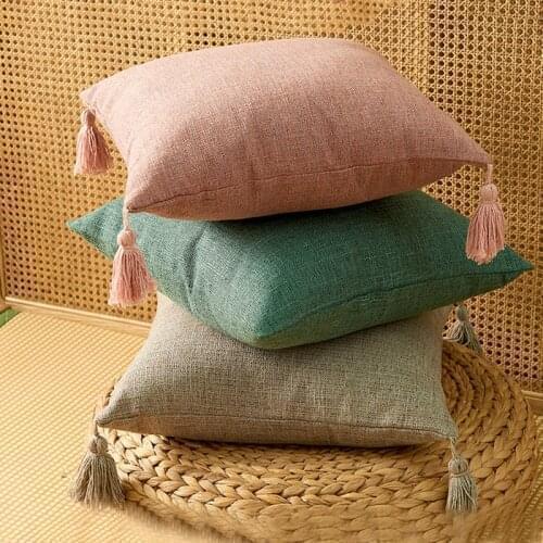 Solid Plain Linen Cotton Pillow Case Cushion Cover With Tassels Home Decor 45x45cm PillowCase Sofa Bed Ins Throw Pillow Covers