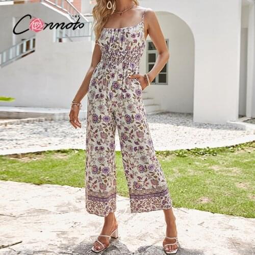 Conmoto One piece straight floral jumpsuit women summer Holiday spaghetti straps jumpsuit female Pocket elastic ladies jumpsuit