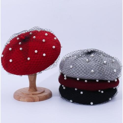 Women Girl French Pearl Mesh Warm Wool Beanie Hat Vintage Plain Beret Hats Solid Color Elegant Lady Winter Caps HR122316