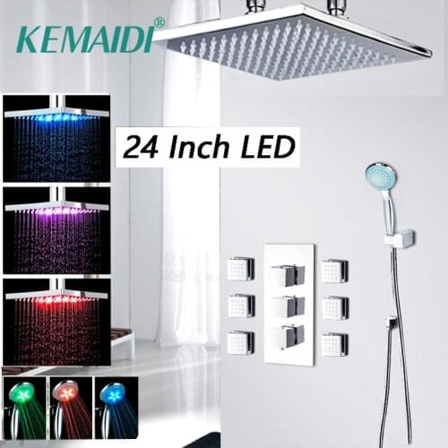 KEMAIDI 24 Inch LED Shower Head Wall Mount Soild Brass Waterfall Shower Set Rainfall Bathroom Shower Kit Jets Mixer Faucet