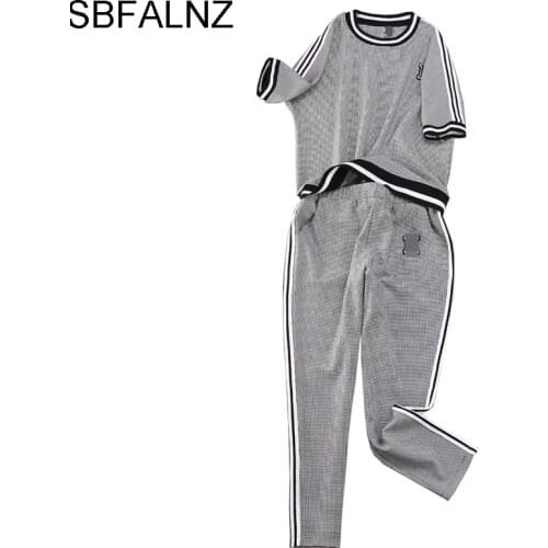 Two Piece Set Women Short Sleeve Casual Female Pullover O-neck Elastic Waist Plaid 2 Piece Sets Womens Outfits Clothing 2021 New