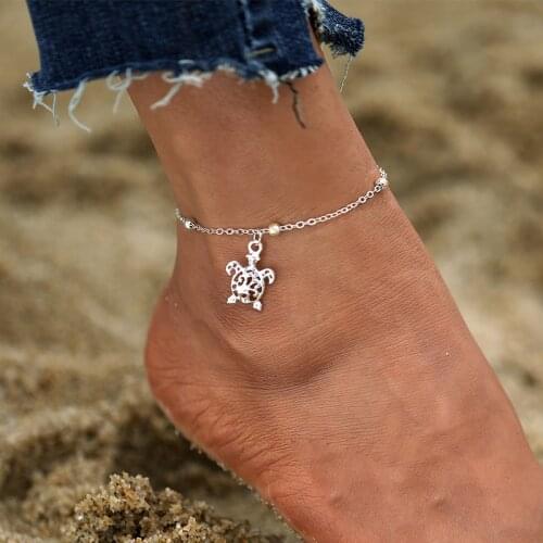 Summer Beach Silver Color Turtle Shaped Anklets For Women Hollow Animal Beaded Anklet Bracelet On the Leg Foot Jewelry