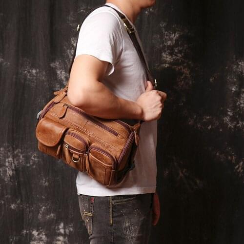 Large capacity genuine leather mens chest bag retro fashion casual real cowhide daily sports big shoulder messenger bags