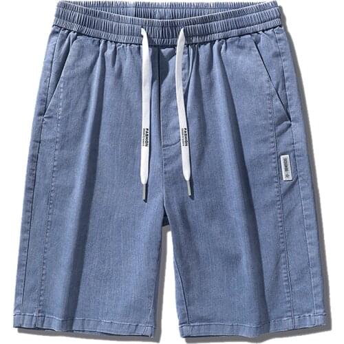 Mens Summer Sold Color Thin Denim Shorts Straight Casual Denim Pants Slim Business Jeans Elastic Waist Knee-Length Trouser Pant