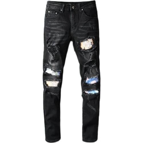 New mens male trousers fashion casual high street fashion brand black patch jeans ripped elastic slim slimming denim pants