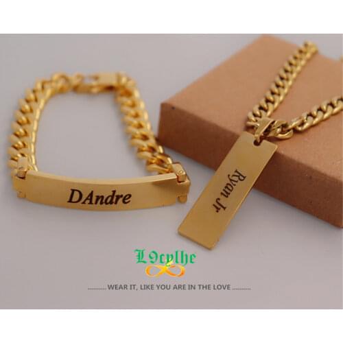 Gold Engrave Name Necklace Jewelry Sets Custom Name Bracelets Men Cuban Chain Bijoux Femme Stainless Steel Nameplate Necklaces