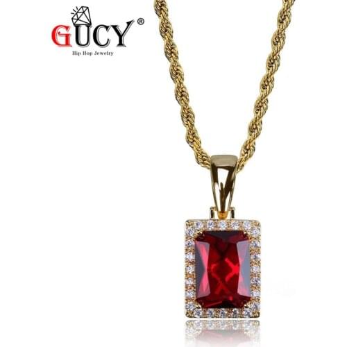 GUCY Hip Hop Big Red Stone Pendant Necklace All Iced Out Micro Pave CZ Stones Rectangle Pendants Necklaces for Men Women