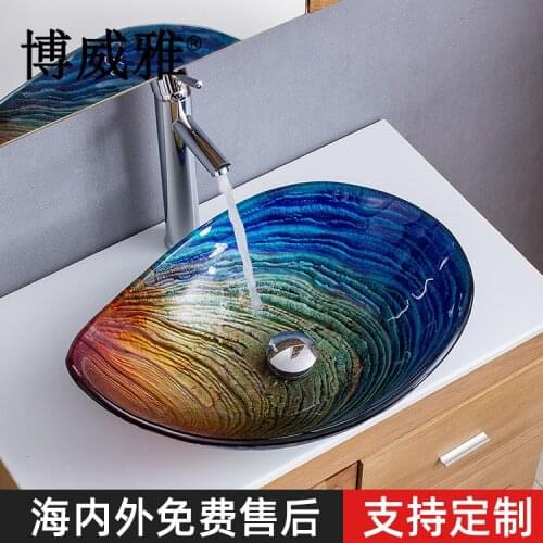 Powaya Bathroom Water Drop Art Above Counter Basin Hotel Bathroom Wash Basin Tempered Glass Basin
