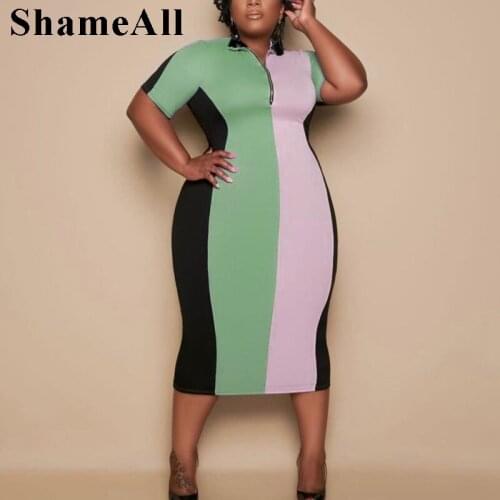 Plus Size Patchwork Zipper Turn Down Collar Dress 4XL Summer Slim Fit Color Block Short Sleeve Stretch Bodycon Sexy Midi Dresses