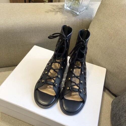 Womens Sandals Summer Genuine Leather Mesh Boots Luxury Brands Lace-up Casual Shoes Open Toe Ladies Sandal With Size 35-40