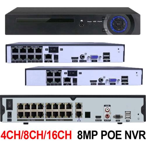 H.265 16CH 4K 48V POE NVR For 3.0MP 4.0MP 5.0MP 8.0MP ONVIF IP PTZ Camera CCTV System Surveillance 2SATA 8CH POE NVR P2P Cloud