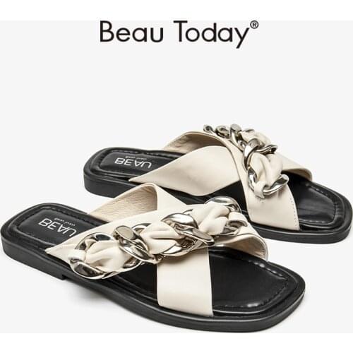 Women Slippers Cow Leather Slides Square Toe Metal Chain Detailed Summer Beach Ladies Casual Shoes Handmade BeauToday 36230