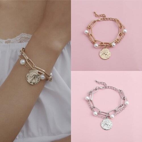 Punk Simple Solid Color Pearl Metal Chain Coin Portrait Pendant Bracelet Bangle for Women Men Girls Teens 2021 Trend New Arrival