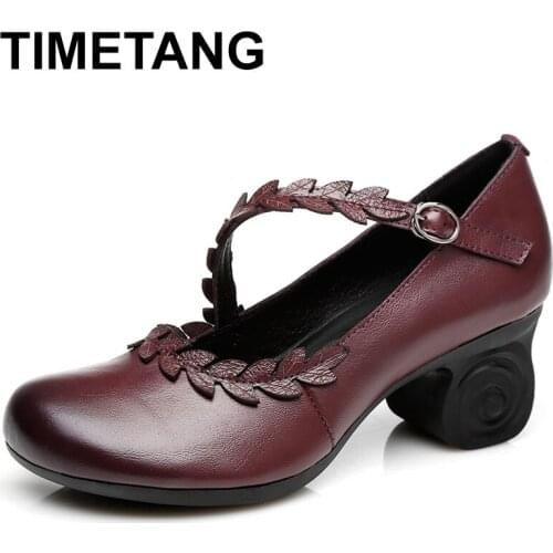TIMETANG 2020 Spring Flower Genuine Cow Leather Shoes Women Shoes Elegant Fashion Shoes Woman Retro Handmade Shoes High Heels