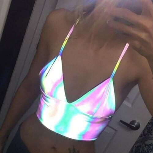 Women Sexy V Neck Holographic Bralette Crop Top Fashion Strap Reflective Camis Summer Hot Sleeveless Backless Tank Tops