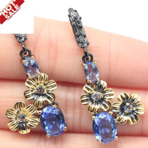 42x17mm Gothic Unique Vintage Earrings For Women Created Violet Tanzanite Pink Tourmaline Black Gold Earrings Wholesale
