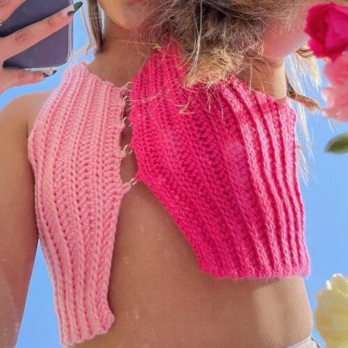 Vintage Patchwork Knitted Tank Top Front Split Sleelvess Slim Fit Sweater Vest 90 Women Summer Streetwear Y2K Aesthetic Cropped