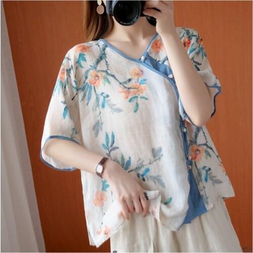 Chinese Style WomenS Clothing Summer 2020 Cheongsam Top Thin Linen Loose Casual Vintage Tshirt Hanfu Ladies Chinese Tops 11092