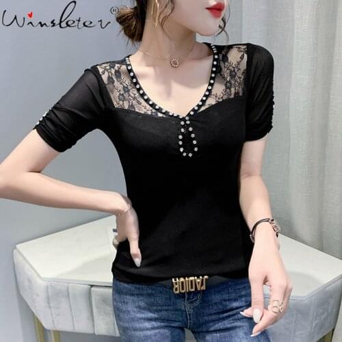 Summer European Clothes Mesh T-Shirt Sexy Patchwork Lace Beading Women Tops Bottoming Shirt Short Sleeve Tees New 2021 T14934A