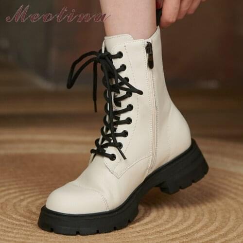 Meotina Genuine Leather Motorcycle Boots Shoes Women Platform Flats Boots Lace Up Round Toe Lady Short Boots Autumn 34-40 Beige