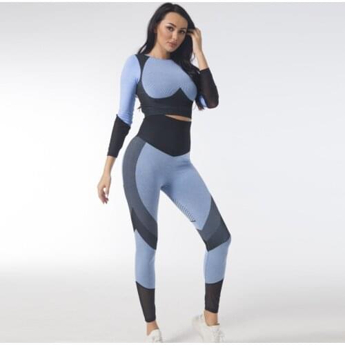 Women Seamless Yoga Set Sport Outfits 2 Piece Gym Set Long Sleeve Crop Top Leggings Knitted Workout Clothes Fitness Sportswear