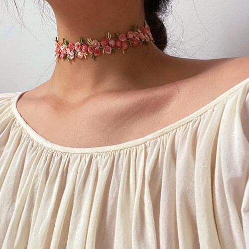 Vogallery Fashion Pink Flower Chokers Necklaces For Women Elf Cute Purple Yellow Flowers Chocker Summer Short Necklace Jewelry