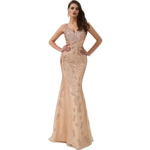 High Quality Tulle with Sequin Deep V-neck Backless Tank Fishtail Mermaid Long Evening Dresses Beading Vestido de noche 88317