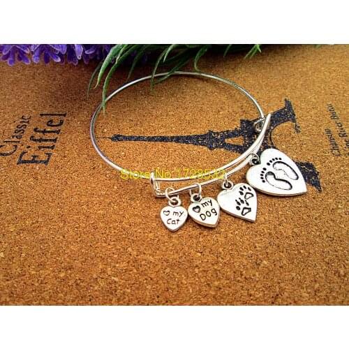 3pcs/lot Hot sale diameter 65mm bracelets bangles silver bangle with love my dog & love my cat charms jewelry for women