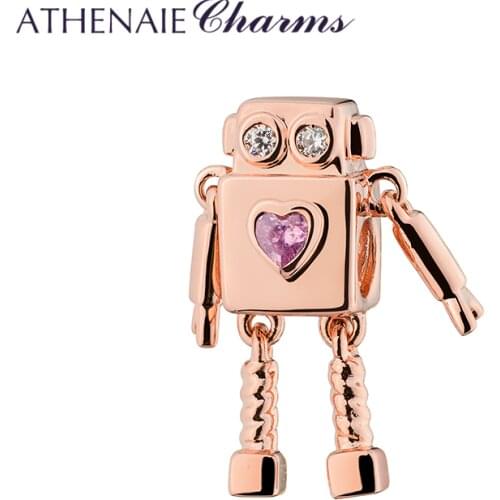 ATHENAIE Silver Sparkling CZ Cute Alien Robot Heart Charms Beads for Bracelet Bangle Rose Gold