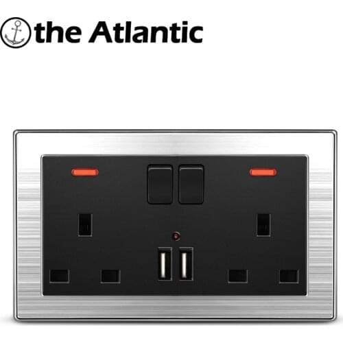 Atlectric UK Standard Plug Socket Dual USB Port Power Wall Outlet Double Socket With Switch Control Socket Stainless Steel Panel