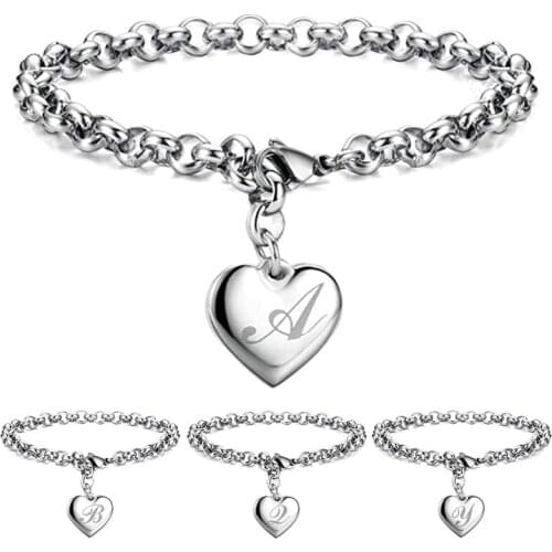 Fashion Summer Initial Charm Alphabet Bracelets Jewelry Stainless Steel Heart 26 Letters Link Bracelet for Women Gifts