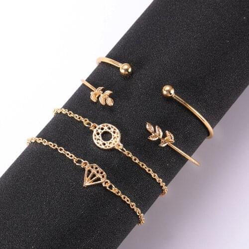 BUDROVKY New Fashion Circle Diamond Knotted Leaves Open Bracelet Bracelet Set Four-Piece Set Drop shipping