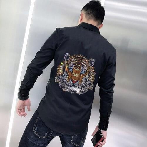 New Hairstylist Mens T-Shirt Lapel Long Sleeve Rhinestone Design Hot Diamond Tiger Business Youth Fashion
