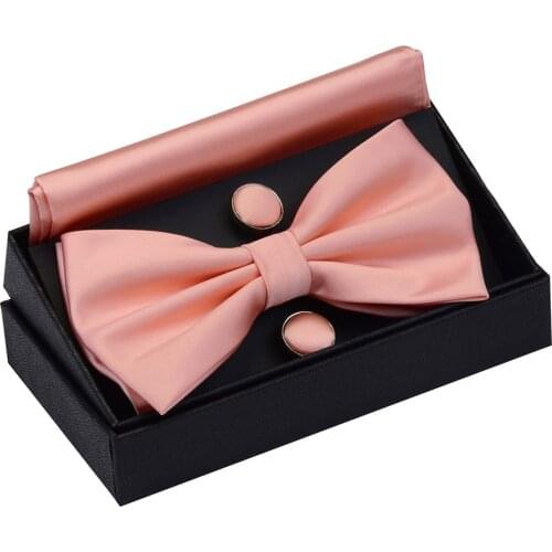 Ricnais New Arrive Mens Waterproof Bow Tie Set Brown Green Solid Pocket Square Cufflinks Bowtie Sets For Man Wedding Accessories