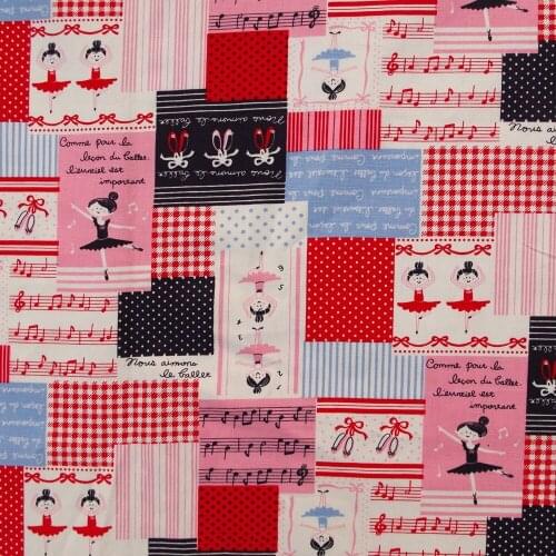 Cotton Linen Fabric for sewing pathwork, bedding - Patch, Dot and Ballet girl (Red) (width=110cm)