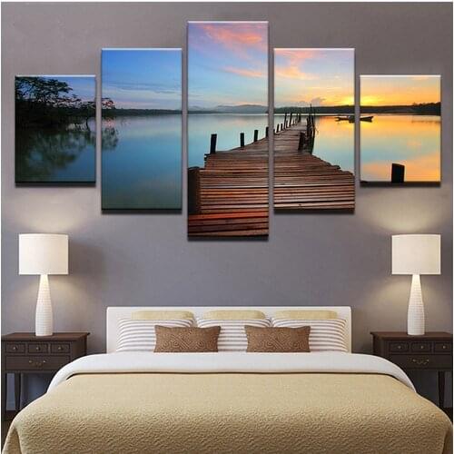 Canvas Pictures Home Decor Living Room Wall Art 5 Pieces Sunrise Bridge Landscape Paintings HD Prints Lake Boat Poster Framework