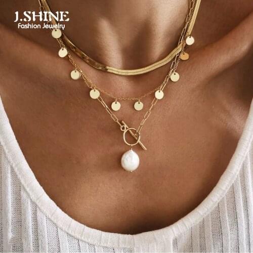 JShine Gothic Flat Pearl Geometric Sequin Pendant Choker Necklace Punk Vintage Flat Snake Link Chain Stackable Women Necklace