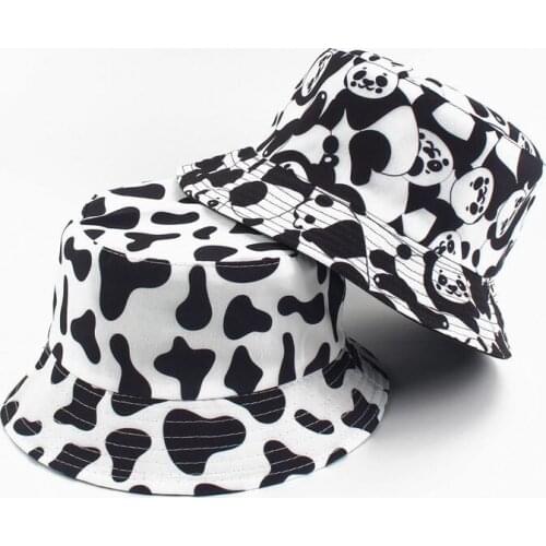 Men Women Summer Double-sided Panda Cows Love Print Bucket Cotton Cap Wide Brim Travel Sunscreen Fishing Fisherman Sun Hat U77