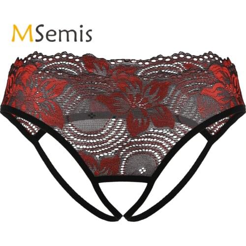 Mens Lingerie Crotchless Thong Panties Erotic See Through Sheer Floral Lace Sexy Briefs Low Rise G-string Briefs Underwear