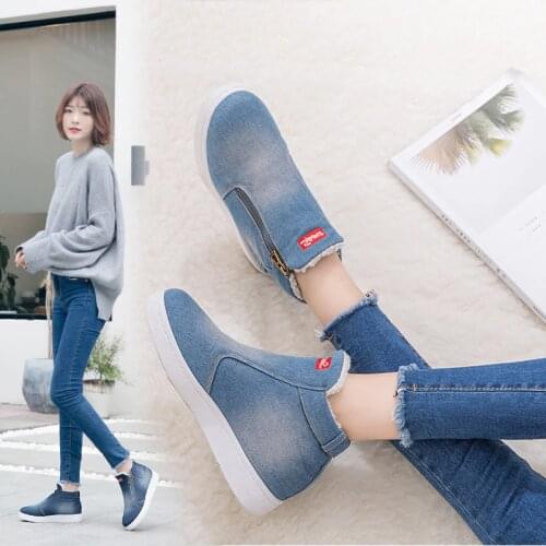 New winter snow boots thickened womens shoes denim denim cotton shoes large size student flats