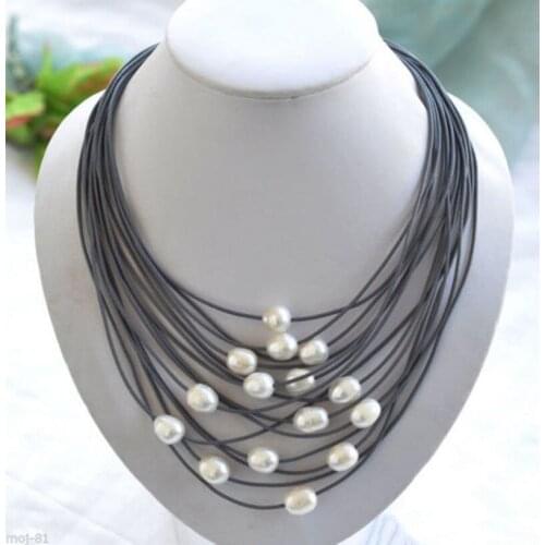 New Fashion 15 Rows Black Leather Rope & 11-13mm White Freshwater Pearl Necklace