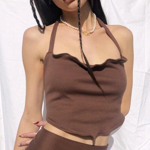 Solid Color Sexy Halter Tank Tops Women Ladies Summer Wild Backless Lace-Up Low-Cut Slim Rolled Hem Cropped Vest for Daily