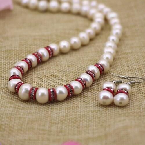 High quality 7 style 9-10mm natural white freshwater cultured pearl beads necklace earrings for women jewelry set 18inch B3105