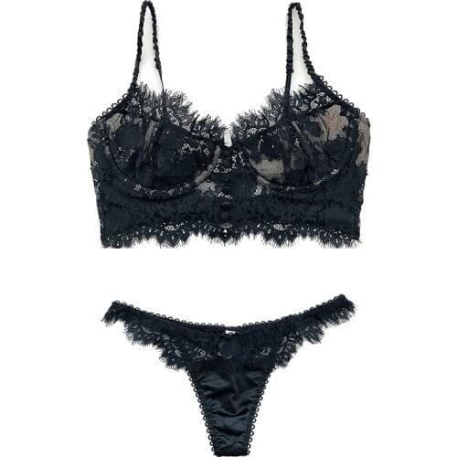 Sexy Mesh Eyelash Lace Flower Emboridery Bra and Thongs Set Underwear with Underwire Ultrathin Lined Women Lingerie White Black