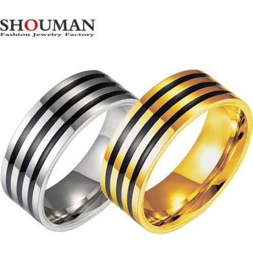 SHOUMAN Trend Three Black Line Gold Rings Wedding Band Vintage Men Women Jewelry Anime Anel Masculino Aneis Alliance