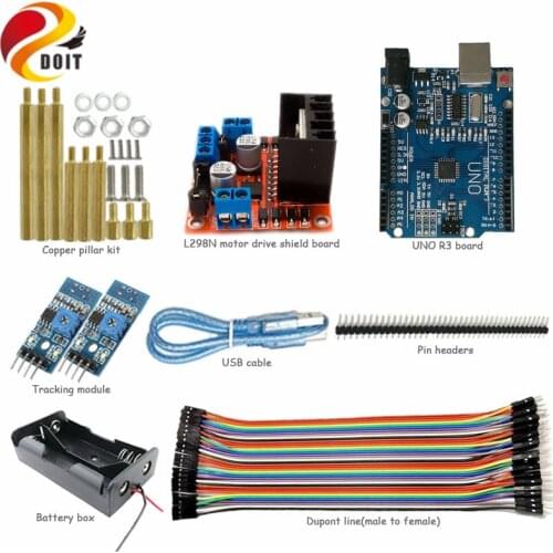 UNO Starter Kit for Smart Car Chassis with Arduino Uno R3 Board, L298N Motor Drive Shield, Tracking Module, Dupont Line