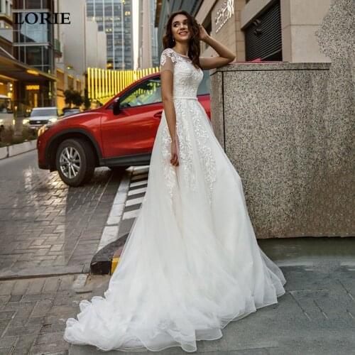 LORIE Boho Wedding Dresses A Line Short Sleeve Princess Wedding Gown Elegant White Ivory Bride Dress 2021 With Romantic Buttons