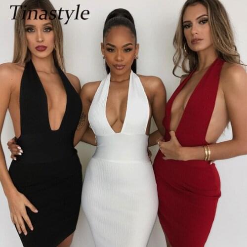 Tinastyle Black Deep V Neck Sexy Dress Women 2021 Sleeveless Halter Backless Bodycon Mini Party Dress Clubwear Vestidos 2021