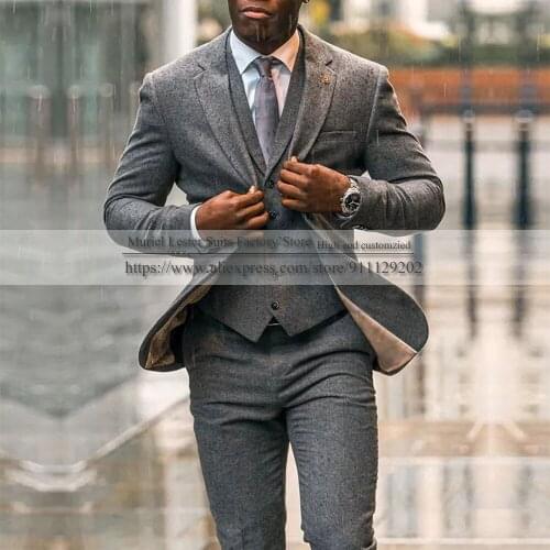 Tweed Formal Mens Blazer Wedding Suits Male Clothing Custom Made 3 Pieces Set Jacket+Vest+Pants Handsome Smoking Business Suit